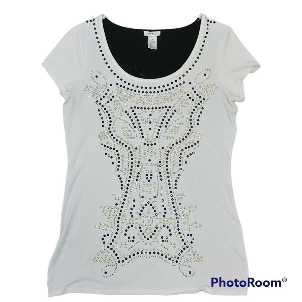 Cache' T-Shirt Sequins and Studs Cap Sleeves Sz M